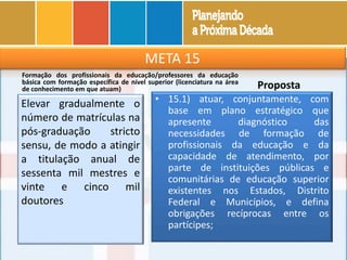 META 15
Formação dos profissionais da educação/professores da educação
básica com formação específica de nível superior (licenciatura na área
de conhecimento em que atuam)
Elevar gradualmente o
número de matrículas na
pós-graduação stricto
sensu, de modo a atingir
a titulação anual de
sessenta mil mestres e
vinte e cinco mil
doutores
Proposta
• 15.1) atuar, conjuntamente, com
base em plano estratégico que
apresente diagnóstico das
necessidades de formação de
profissionais da educação e da
capacidade de atendimento, por
parte de instituições públicas e
comunitárias de educação superior
existentes nos Estados, Distrito
Federal e Municípios, e defina
obrigações recíprocas entre os
partícipes;
 