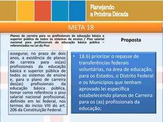 META 18
Planos de carreira para os profissionais da educação básica e
superior pública de todos os sistemas de ensino / Piso salarial
nacional para profissionais da educação básica pública –
referenciados na Lei do Piso
assegurar, no prazo de dois
anos, a existência de planos
de carreira para os(as)
profissionais da educação
básica e superior pública de
todos os sistemas de ensino
e, para o plano de carreira
dos(as) profissionais da
educação básica pública,
tomar como referência o piso
salarial nacional profissional,
definido em lei federal, nos
termos do inciso VIII do art.
206 da Constituição Federal.
Proposta
• 18.6) priorizar o repasse de
transferências federais
voluntárias, na área de educação,
para os Estados, o Distrito Federal
e os Municípios que tenham
aprovado lei específica
estabelecendo planos de Carreira
para os (as) profissionais da
educação;
 