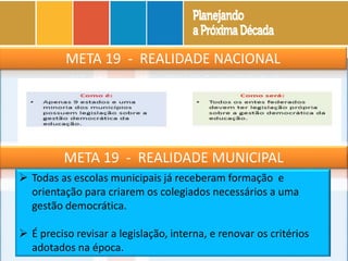 META 19 - REALIDADE NACIONAL
META 19 - REALIDADE MUNICIPAL
 Todas as escolas municipais já receberam formação e
orientação para criarem os colegiados necessários a uma
gestão democrática.
 É preciso revisar a legislação, interna, e renovar os critérios
adotados na época.
 