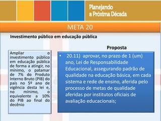 META 20
Investimento público em educação pública
Ampliar o
investimento público
em educação pública
de forma a atingir, no
mínimo, o patamar
de 7% do Produto
Interno Bruto (PIB) do
país no 5º ano de
vigência desta lei e,
no mínimo, o
equivalente a 10%
do PIB ao final do
decênio
Proposta
• 20.11) aprovar, no prazo de 1 (um)
ano, Lei de Responsabilidade
Educacional, assegurando padrão de
qualidade na educação básica, em cada
sistema e rede de ensino, aferida pelo
processo de metas de qualidade
aferidas por institutos oficiais de
avaliação educacionais;
 