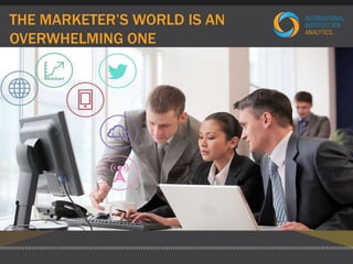 THE MARKETER’S WORLD IS AN 
OVERWHELMING ONE 
CMO 
Content 
Optimization 
Location-based 
content and 
offers 
Real-time 
experience and 
content 
personalization 
Next-generation 
next-best offer 
and commerce 
Audience 
Analysis & 
Engagement 
Buying 
signal 
analysis 
“On-the-fly” 
behavioral micro-segmentation 
Customer 360° 
omni-channel 
repository 
Marketing 
Effectiveness 
Real-time ad and 
promotional 
optimization 
Brand 
monitoring 
Omni-channel 
attribution 
Media mix 
optimization 
Marketing 
Planning 
Predictive 
modeling and 
Market simulation 
and gaming 
analysis 
Holistic 
campaign 
planning 
Marketing 
ROI and 
program 
reporting 
Social media / 
networking 
Discovery 
analysis 
 