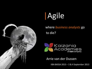 |Agile
where business analysts go
to die?
IIBA BASSA 2013 – 3 & 4 September 2013
Arrie van der Dussen
 