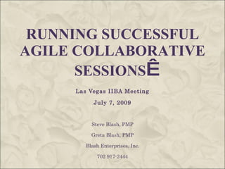 RUNNING SUCCESSFUL
AGILE COLLABORATIVE
      SESSIONS 
     Las Vegas IIBA Meeting

           July 7, 2009


          Steve Blash, PMP

          Greta Blash, PMP

        Blash Enterprises, Inc.

            702 917-2444
 