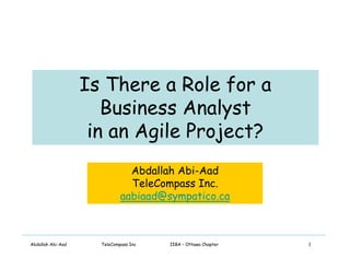 Is There a Role for a
                      Business Analyst
                    in an Agile Project?
                               Abdallah Abi-Aad
                               TeleCompass Inc.
                             aabiaad@sympatico.ca



Abdallah Abi-Aad     TeleCompass Inc   IIBA – Ottawa Chapter   1
 