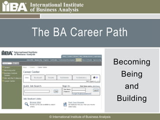 The BA Career Path

   Cover this area with a
    picture related to your
                                                                       Becoming
    presentation. It can
    be humorous.                                                        Being
   Make sure you look at
    the Notes Pages for
    more information
                                                                         and
    about how to use the
    template.                                                          Building

                      © International Institute of Business Analysis
 