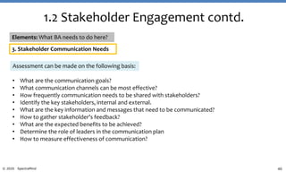 40© 2020 SpectraMind
1.2 Stakeholder Engagement contd.
3. Stakeholder Communication Needs
• What are the communication goals?
• What communication channels can be most effective?
• How frequently communication needs to be shared with stakeholders?
• Identify the key stakeholders, internal and external.
• What are the key information and messages that need to be communicated?
• How to gather stakeholder’s feedback?
• What are the expected benefits to be achieved?
• Determine the role of leaders in the communication plan
• How to measure effectiveness of communication?
Assessment can be made on the following basis:
Elements: What BA needs to do here?
 
