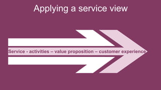 Applying a service view
Service - activities – value proposition – customer experience
 