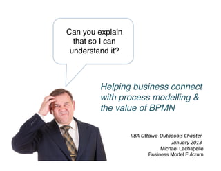 Can you explain
that so I can
understand it?!
Helping business connect
with process modelling &
the value of BPMN!
IIBA	
  O&awa-­‐Outaouais	
  Chapter	
  	
  
January	
  2013	
  
Michael Lachapelle!
Business Model Fulcrum!
 