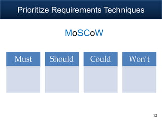 Prioritize Requirements Techniques

            MoSCoW

Must    Should     Could     Won’t




                                     12
 
