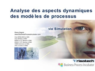 Analyse des aspects dynamiques
des modè les de processus
Denis Gagné,
www.BusinessProcessIncubator.com
Chair BPMN MIWG at OMG
Chair BPSWG at WfMC
BPMN 2.0 FTF Member at OMG
BPMN 2.1 RTF Member at OMG
CMMN Submission at OMG
XPDL Co-Editor at WfMC
via Simulation
 