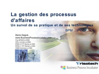 La gestion des processus
d'affaires
Un survol de sa pratique et de ses technologies
                                     BPM
  Denis Gagné ,
  www.BusinessProcessIncubator.com
  Chair BPSWG at WfMC
  XPDL Co-Editor at WfMC
  BPMN 2.0 FTF Member at OMG
  BPMN 2.1 RTF Member at OMG
  CMMN Submission at OMG
 