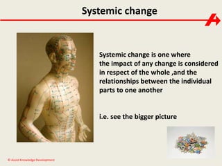 © Assist Knowledge Development 
Systemic change 
Systemic change is one where 
the impact of any change is considered 
in respect of the whole ,and the 
relationships between the individual 
parts to one another 
i.e. see the bigger picture 
 