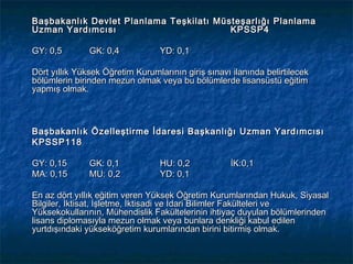 Başbakanlık Devlet Planlama Teşkilatı Müsteşarlığı Planlama
Uzman Yardımcısı                         KPSSP4

GY: 0,5        GK: 0,4            YD: 0,1

Dört yıllık Yüksek Öğretim Kurumlarının giriş sınavı ilanında belirtilecek
bölümlerin birinden mezun olmak veya bu bölümlerde lisansüstü eğitim
yapmış olmak.



Başbakanlık Özelleştirme İdaresi Başkanlığı Uzman Yardımcısı
KPSSP118

GY: 0,15       GK: 0,1            HU: 0,2            İK:0,1
MA: 0,15       MU: 0,2            YD: 0,1

En az dört yıllık eğitim veren Yüksek Öğretim Kurumlarından Hukuk, Siyasal
Bilgiler, İktisat, İşletme, İktisadi ve İdari Bilimler Fakülteleri ve
Yüksekokullarının, Mühendislik Fakültelerinin ihtiyaç duyulan bölümlerinden
lisans diplomasıyla mezun olmak veya bunlara denkliği kabul edilen
yurtdışındaki yükseköğretim kurumlarından birini bitirmiş olmak.
 