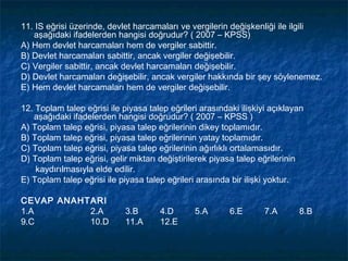 11. IS eğrisi üzerinde, devlet harcamaları ve vergilerin değişkenliği ile ilgili
   aşağıdaki ifadelerden hangisi doğrudur? ( 2007 – KPSS)
A) Hem devlet harcamaları hem de vergiler sabittir.
B) Devlet harcamaları sabittir, ancak vergiler değişebilir.
C) Vergiler sabittir, ancak devlet harcamaları değişebilir.
D) Devlet harcamaları değişebilir, ancak vergiler hakkında bir şey söylenemez.
E) Hem devlet harcamaları hem de vergiler değişebilir.

12. Toplam talep eğrisi ile piyasa talep eğrileri arasındaki ilişkiyi açıklayan
   aşağıdaki ifadelerden hangisi doğrudur? ( 2007 – KPSS )
A) Toplam talep eğrisi, piyasa talep eğrilerinin dikey toplamıdır.
B) Toplam talep eğrisi, piyasa talep eğrilerinin yatay toplamıdır.
C) Toplam talep eğrisi, piyasa talep eğrilerinin ağırlıklı ortalamasıdır.
D) Toplam talep eğrisi, gelir miktarı değiştirilerek piyasa talep eğrilerinin
    kaydırılmasıyla elde edilir.
E) Toplam talep eğrisi ile piyasa talep eğrileri arasında bir ilişki yoktur.

CEVAP ANAHTARI
1.A        2.A               3.B      4.D       5.A       6.E       7.A      8.B
9.C        10.D              11.A     12.E
 