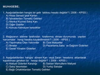 MUHASEBE;

1. Aşağıdakilerden hangisi bir gelir tablosu hesabı değildir? ( 2006 – KPSS )
   A) Hisse Senedi İptal Karları
   B) İştiraklerden Temettü Gelirleri
   C) Menkul Kıymet Satış Karı
   D) Diğer Gelirler
   E) Konusu kalmayan karşılıklar


2. Mağazanın işletme tarafından kiralanmış olması durumunda yapılan
harcamalar hangi hesaba kaydedilmelidir? ( 2006 – KPSS )
   A) Yapılmakta Olan Yatırımlar B) Özel Maliyetler
   C) Binalar                    D) Pazarlama,Satış ve Dağıtım Giderleri
   E) Genel Yönetim Giderleri


3. Aşağıdakilerden hangisi dönem Karı veya Zararı hesabına aktarılarak
kapatılması gereken bir hesap değildir? ( 2006 – KPSS )
   A) Maliyet Giderleri Karşılığı   B) Satılan Mamullerin Maliyeti
   C) Satış İskontoları             D) Yurtiçi Satışlar
   E) Bağlı Ortaklıklardan Temettü Gelirleri
 