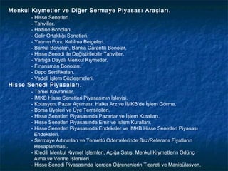 Menkul Kıymetler ve Diğer Sermaye Piyasası Araçları.
       - Hisse Senetleri.
       - Tahviller.
       - Hazine Bonoları.
       - Gelir Ortaklığı Senetleri.
       - Yatırım Fonu Katılma Belgeleri.
       - Banka Bonoları, Banka Garantili Bonolar.
       - Hisse Senedi ile Değiştirilebilir Tahviller.
       - Varlığa Dayalı Menkul Kıymetler.
       - Finansman Bonoları.
       - Depo Sertifikaları.
       - Vadeli İşlem Sözleşmeleri.
Hisse Senedi Piyasaları.
       - Temel Kavramlar.
       - İMKB Hisse Senetleri Piyasasının İşleyişi.
       - Kotasyon, Pazar Açılması, Halka Arz ve İMKB’de İşlem Görme.
       - Borsa Üyeleri ve Üye Temsilcileri.
       - Hisse Senetleri Piyasasında Pazarlar ve İşlem Kuralları.
       - Hisse Senetleri Piyasasında Emir ve İşlem Kuralları.
       - Hisse Senetleri Piyasasında Endeksler ve İMKB Hisse Senetleri Piyasası
         Endeksleri.
       - Sermaye Artırımları ve Temettü Ödemelerinde Baz/Referans Fiyatların
         Hesaplanması.
       - Kredili Menkul Kıymet İşlemleri, Açığa Satış, Menkul Kıymetlerin Ödünç
         Alma ve Verme İşlemleri.
       - Hisse Senedi Piyasasında İçerden Öğrenenlerin Ticareti ve Manipülasyon.
 
