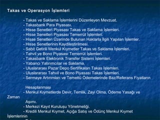 Takas ve Operasyon İşlemleri

        - Takas ve Saklama İşlemlerini Düzenleyen Mevzuat.
        - Takasbank Para Piyasası.
        - Hisse Senetleri Piyasası Takas ve Saklama İşlemleri.
        - Hisse Senetleri Piyasası Temerrüt İşlemleri.
        - Hisse Senetleri Üzerinde Bulunan Haklarla İlgili Yapılan İşlemler.
        - Hisse Senetlerinin Kaydileştirilmesi.
        - Sabit Getirili Menkul Kıymetler Takas ve Saklama İşlemleri.
        - Tahvil ve Bono Piyasası Temerrüt İşlemleri.
        - Takasbank Elektronik Transfer Sistemi İşlemleri.
        - Yabancı Yatırımcılar ve Saklama.
        - Uluslararası Pazar Depo Sertifikaları Takas İşlemleri.
        - Uluslararası Tahvil ve Bono Piyasası Takas İşlemleri.
        - Sermaye Artırımları ve Temettü Ödemelerinde Baz/Referans Fiyatların

          Hesaplanması
        - Menkul Kıymetlerde Devir, Temlik, Zayi Olma, Ödeme Yasağı ve
Zaman
            Aşımı.
          - Merkezi Kayıt Kuruluşu Yönetmeliği.
          - Kredili Menkul Kıymet, Açığa Satış ve Ödünç Menkul Kıymet
İşlemlerinin
 