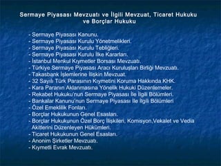 Sermaye Piyasası Mevzuatı ve İlgili Mevzuat, Ticaret Hukuku
                   ve Borçlar Hukuku

  - Sermaye Piyasası Kanunu.
  - Sermaye Piyasası Kurulu Yönetmelikleri.
  - Sermaye Piyasası Kurulu Tebliğleri.
  - Sermaye Piyasası Kurulu İlke Kararları.
  - İstanbul Menkul Kıymetler Borsası Mevzuatı.
  - Türkiye Sermaye Piyasası Aracı Kuruluşları Birliği Mevzuatı.
  - Takasbank İşlemlerine İlişkin Mevzuat.
  - 32 Sayılı Türk Parasının Kıymetini Koruma Hakkında KHK.
  - Kara Paranın Aklanmasına Yönelik Hukuki Düzenlemeler.
  - Rekabet Hukuku’nun Sermaye Piyasası İle İlgili Bölümleri.
  - Bankalar Kanunu’nun Sermaye Piyasası İle İlgili Bölümleri
  - Özel Emeklilik Fonları.
  - Borçlar Hukukunun Genel Esasları.
  - Borçlar Hukukunun Özel Borç İlişkileri, Komisyon,Vekalet ve Vedia
    Akitlerini Düzenleyen Hükümleri.
  - Ticaret Hukukunun Genel Esasları.
  - Anonim Şirketler Mevzuatı.
  - Kıymetli Evrak Mevzuatı.
 