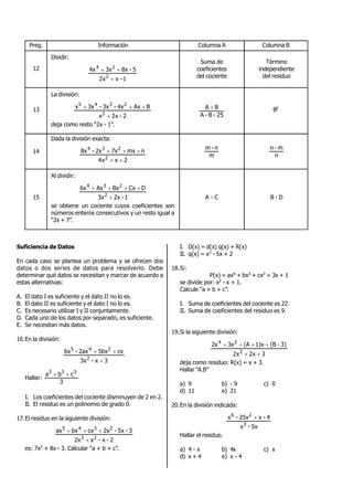 Preg. Información Columna A Columna B
Dividir:
1-xx2
5-8x3x4x
2
24


La división:
2-x2x
BAx4x-3x-3xx
2
2345


deja como resto “2x - 1”.
Dada la división exacta:
2xx4
nmx7x2x-8x
2
234


Al dividir:
1-2x3x
DCxBxAx6x
2
234


se obtiene un cociente cuyos coeficientes son
números enteros consecutivos y un resto igual a
“2x + 7”.
12
Suma de
coeficientes
del cociente
Término
independiente
del residuo
13
25-B-A
BA  B2
14
m
n-m
n
m-n
15 A - C B - D
Suficiencia de Datos
En cada caso se plantea un problema y se ofrecen dos
datos o dos series de datos para resolverlo. Debe
determinar qué datos se necesitan y marcar de acuerdo a
estas alternativas:
A. El dato I es suficiente y el dato II no lo es.
B. El dato II es suficiente y el dato I no lo es.
C. Es necesario utilizar I y II conjuntamente.
D. Cada uno de los datos por separado, es suficiente.
E. Se necesitan más datos.
16.En la división:
3x-x3
cx5bx2ax-6x
2
245


Hallar:
3
cba 333

I. Los coeficientes del cociente disminuyen de 2 en 2.
II. El residuo es un polinomio de grado 0.
17.El residuo en la siguiente división:
2-x-x2x
3-5x-2xcxbxax
23
2345


es: 7x2 + 8x - 3. Calcular “a + b + c”.
I. D(x) = d(x) q(x) + R(x)
II. q(x) = x2 - 5x + 2
18.Si:
P(x) = ax4 + bx3 + cx2 + 3x + 1
se divide por: x2 - x + 1.
Calcule “a + b + c”.
I. Suma de coeficientes del cociente es 22.
II. Suma de coeficientes del residuo es 9.
19.Si la siguiente división:
3x2x2
3)-(B1)x(A3x2x
2
24


deja como residuo: R(x) = x + 3.
Hallar “A.B”
a) 9 b) - 9 c) 0
d) 11 e) 21
20.En la división indicada:
5x-x
4-x25x-x
3
26

Hallar el residuo.
a) 4 - x b) 4x c) x
d) x + 4 e) x - 4
 