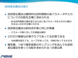 誤差逆伝播法は強⼒力力
l 誤差逆伝播法は最終的な⽬目的関数の各パラメータや⼊入⼒力力
についての勾配を正確に求められる
̶— ある⽬目的関数の値を変えるために各パラメータをどれだけ動か
せばよいのかが正確にわかる
l 誤差逆伝播法は前向き計算と同じ計算量量
̶— パラメータ数に対して計算量量は線形
l どれだけ複雑な計算グラフであっても計算できる
̶— 1000層を超えても，ループがあっても、分岐があっても⼤大丈夫
l 確率率率層，つまり確率率率変数のサンプリングを含んでも誤差
逆伝播法を使って勾配を求められる⇒次章以降降
 