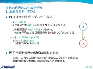 従来の代表的な⽣生成モデル
1. 主成分分析（PCA）
l PCAは次の⽣生成モデルからなる
̶— z 〜～ N(0,  I)
zを正規分布N(0,  I)に従ってサンプリングする
̶— zの線形変換 m(z)  =  Wz +  μを求め、
m(z)を平均とする正規分布からxをサンプリングする
̶— x  |  z 〜～ N(Wz +  μ,  σ2 I)
p(x)  =  Σ p(x|z)  p(z)  
（通常のPCAはσ2→0）
l 因⼦子と観測変数の関係は線形である
̶— なお、これらの制約のおかげでPCAのパラメータ推定は
固有値分解を利利⽤用した効率率率的な⽅方法を使える
20/50
z
x
 