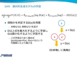 GAN 敵対的⽣生成モデルの学習
l 偽物かを判定するD(x)を⽤用意
̶— 本物なら1,  偽物なら0を返す
l Dは上式を最⼤大化するように学習し
Gは最⼩小化するように学習する
̶— この学習はうまく進めば
∫p(z)G(z)dz=P(x),  D(x)=1/2という
均衡解にたどり着ける
z
x'
x  =  G(z)
{1(本物), 0（偽物)}
y  =  D(x)
x
 