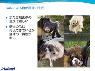 GANによる⾃自然画像の⽣生成
l まだ⾃自然画像の
⽣生成は難しい
l 動物の⽑毛は
再現できているが
全体の⼀一貫性が
無い
 