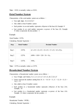 Note − 101012 is normally written as 10101.
Octal Number System
Characteristics of the octal number system are as follows −
 Uses eight digits, 0,1,2,3,4,5,6,7
 Also called as base 8 number system
 Each position in an octal number represents a 0 power of the base (8). Example 80
 Last position in an octal number represents a x power of the base (8). Example
8x
where x represents the last position - 1
Example
Octal Number: 125708
Calculating Decimal Equivalent −
Step Octal Number Decimal Number
Step 1 125708 ((1 x 84
) + (2 x 83
) + (5 x 82
) + (7 x 81
) + (0 x 80
))10
Step 2 125708 (4096 + 1024 + 320 + 56 + 0)10
Step 3 125708 549610
Note − 125708 is normally written as 12570.
Hexadecimal Number System
Characteristics of hexadecimal number system are as follows −
 Uses 10 digits and 6 letters, 0, 1, 2, 3, 4, 5, 6, 7, 8, 9, A, B, C, D, E, F
 Letters represent the numbers starting from 10. A = 10. B = 11, C = 12, D = 13, E =
14, F = 15
 Also called as base 16 number system
 Each position in a hexadecimal number represents a 0 power of the base (16).
Example, 160
 Last position in a hexadecimal number represents a x power of the base (16).
Example 16x
where x represents the last position - 1
Example
Hexadecimal Number: 19FDE16
Calculating Decimal Equivalent −
 