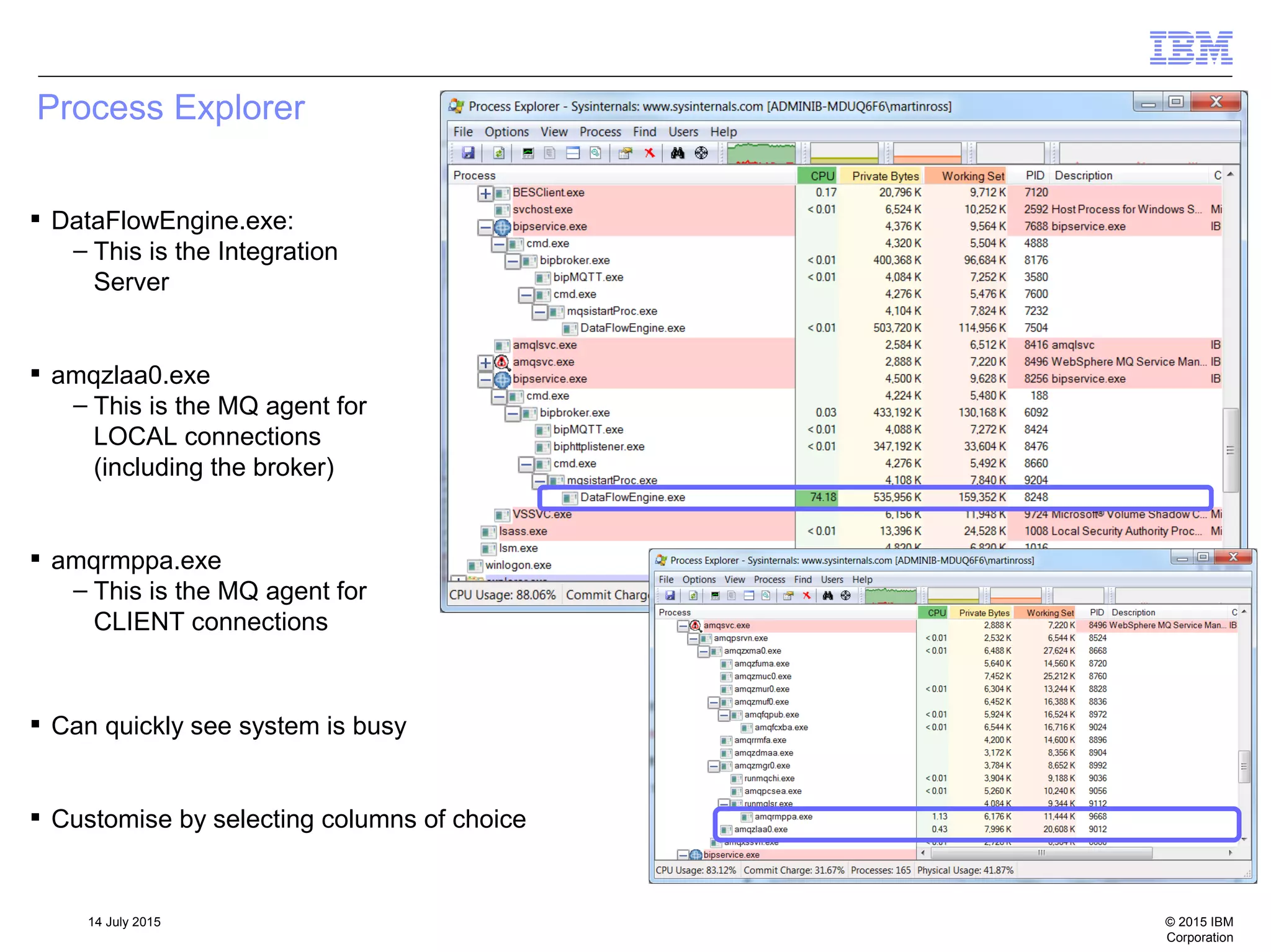 © 2015 IBM
Corporation
14 July 2015
Process Explorer
 DataFlowEngine.exe:
– This is the Integration
Server
 amqzlaa0.exe
– This is the MQ agent for
LOCAL connections
(including the broker)
 amqrmppa.exe
– This is the MQ agent for
CLIENT connections
 Can quickly see system is busy
 Customise by selecting columns of choice
 