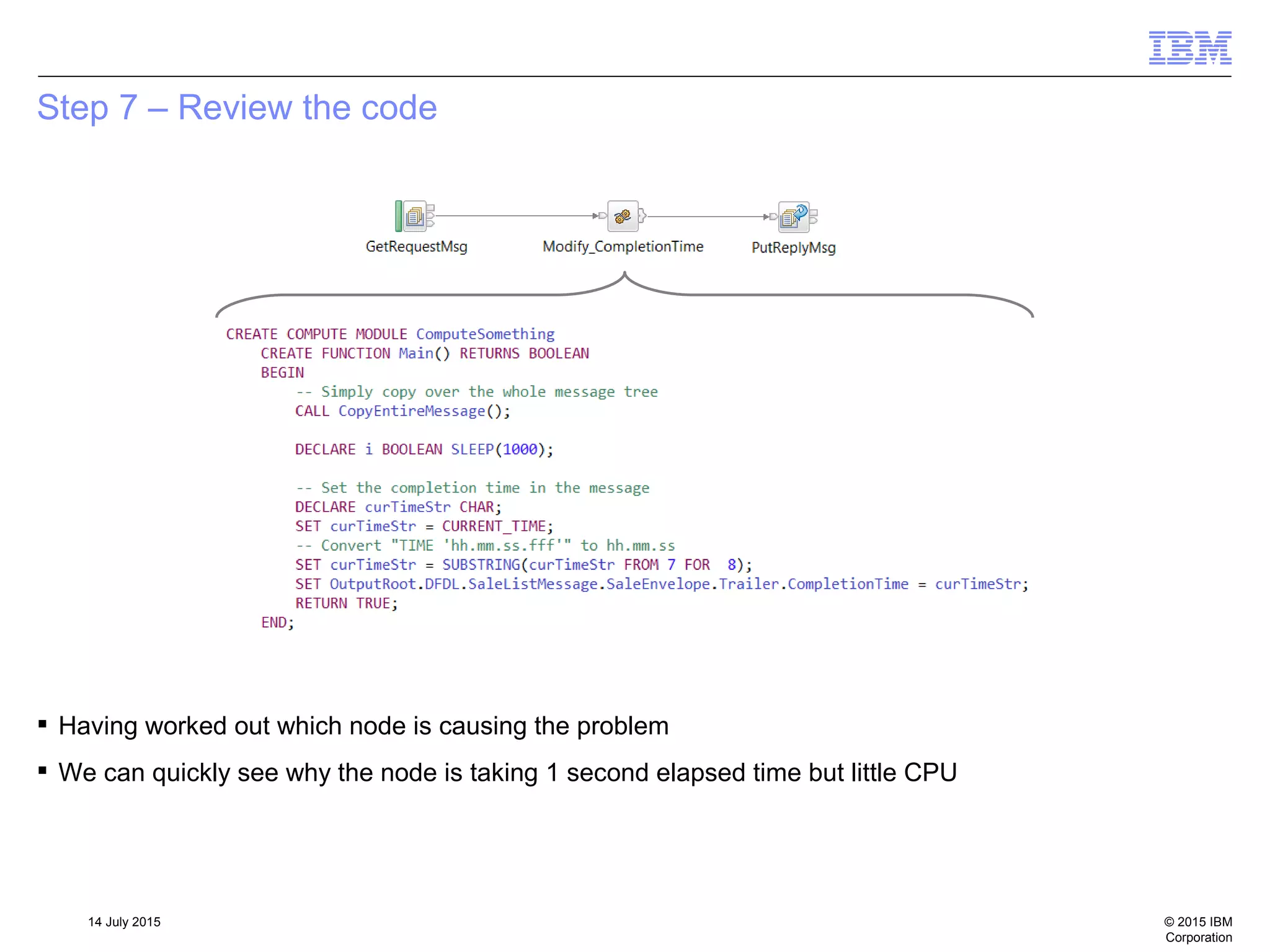 © 2015 IBM
Corporation
14 July 2015
Step 7 – Review the code
 Having worked out which node is causing the problem
 We can quickly see why the node is taking 1 second elapsed time but little CPU
 