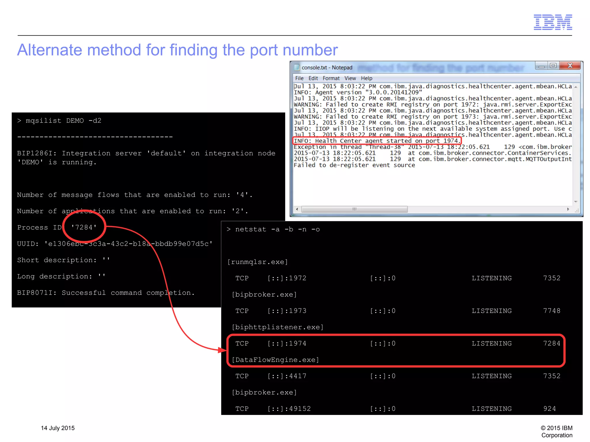 © 2015 IBM
Corporation
14 July 2015
Alternate method for finding the port number
> mqsilist DEMO -d2
-----------------------------------
BIP1286I: Integration server 'default' on integration node
'DEMO' is running.
Number of message flows that are enabled to run: '4'.
Number of applications that are enabled to run: '2'.
Process ID: '7284'
UUID: 'e1306ebc-3c3a-43c2-b18a-bbdb99e07d5c'
Short description: ''
Long description: ''
BIP8071I: Successful command completion.
> netstat -a -b -n -o
[runmqlsr.exe]
TCP [::]:1972 [::]:0 LISTENING 7352
[bipbroker.exe]
TCP [::]:1973 [::]:0 LISTENING 7748
[biphttplistener.exe]
TCP [::]:1974 [::]:0 LISTENING 7284
[DataFlowEngine.exe]
TCP [::]:4417 [::]:0 LISTENING 7352
[bipbroker.exe]
TCP [::]:49152 [::]:0 LISTENING 924
 