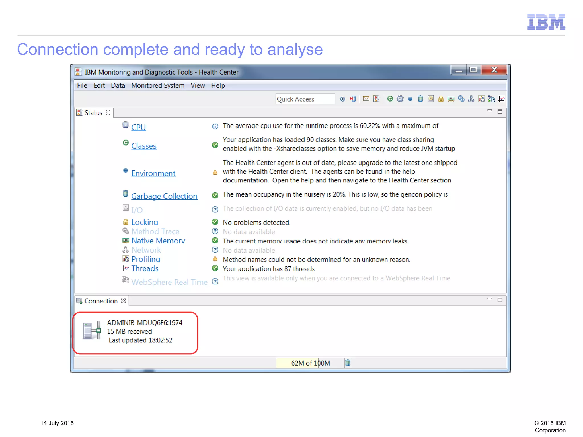 © 2015 IBM
Corporation
14 July 2015
Connection complete and ready to analyse
 