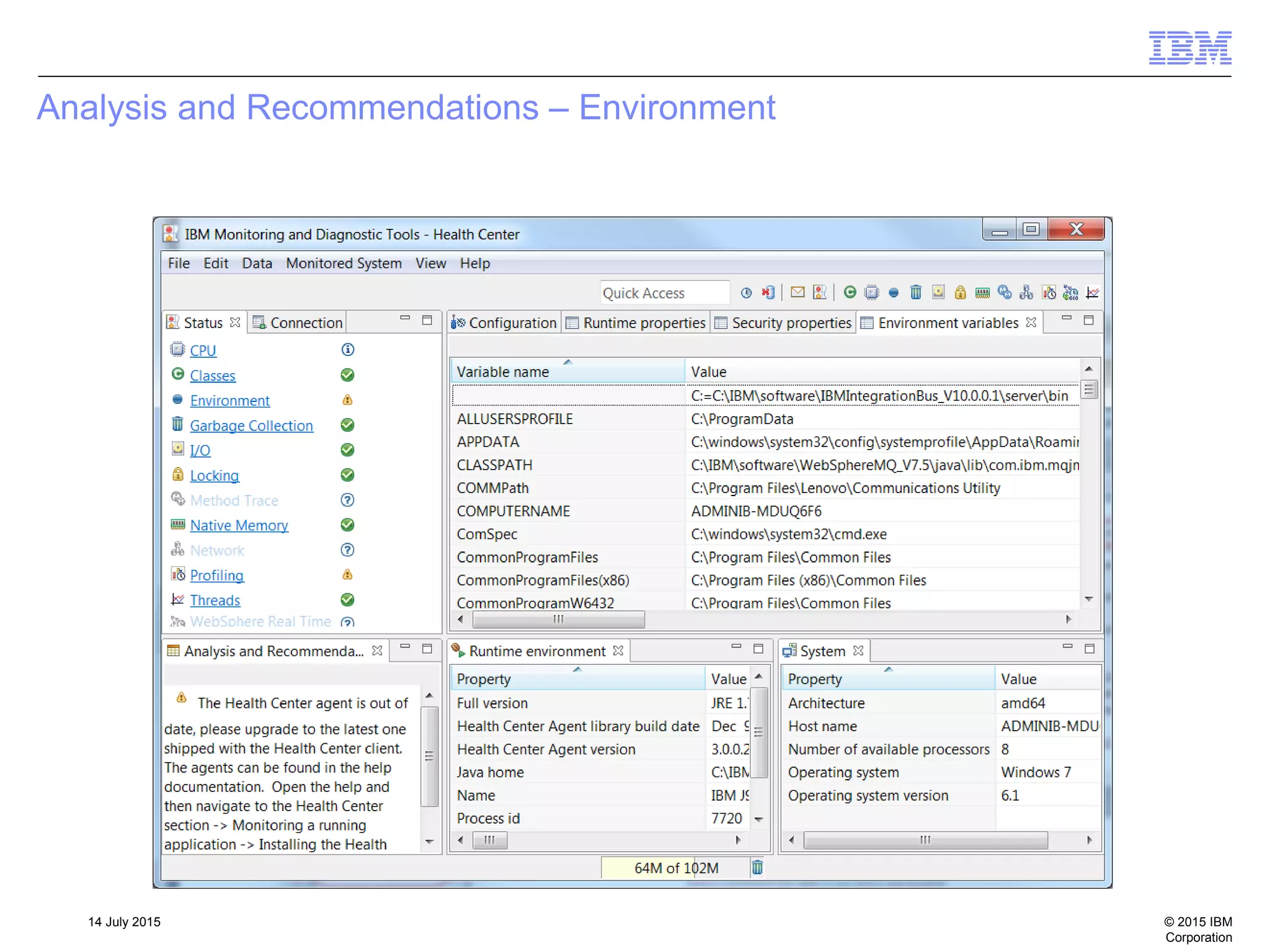 © 2015 IBM
Corporation
14 July 2015
Analysis and Recommendations – Environment
 