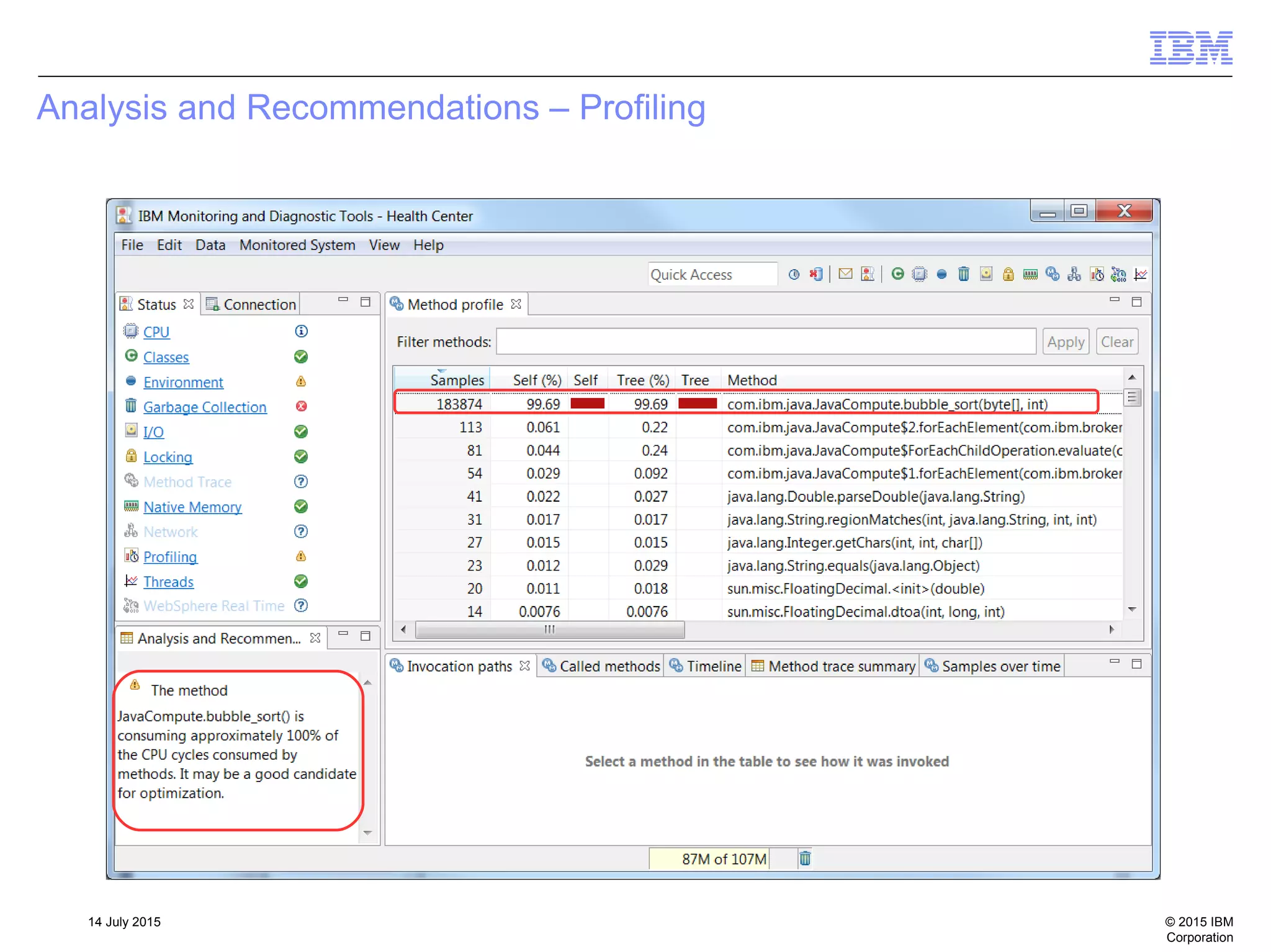 © 2015 IBM
Corporation
14 July 2015
Analysis and Recommendations – Profiling
 