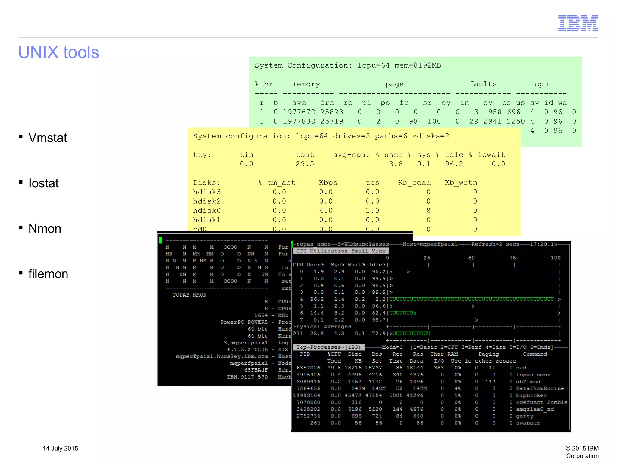 © 2015 IBM
Corporation
14 July 2015
UNIX tools
 Vmstat
 Iostat
 Nmon
 filemon
System Configuration: lcpu=64 mem=8192MB
kthr memory page faults cpu
----- ----------- ------------------------ ------------ -----------
r b avm fre re pi po fr sr cy in sy cs us sy id wa
1 0 1977672 25823 0 0 0 0 0 0 3 958 696 4 0 96 0
1 0 1977838 25719 0 2 0 98 100 0 29 2941 2250 4 0 96 0
1 0 1977685 25872 0 0 0 0 0 0 2 636 483 4 0 96 0
System configuration: lcpu=64 drives=5 paths=6 vdisks=2
tty: tin tout avg-cpu: % user % sys % idle % iowait
0.0 29.5 3.6 0.1 96.2 0.0
Disks: % tm_act Kbps tps Kb_read Kb_wrtn
hdisk3 0.0 0.0 0.0 0 0
hdisk2 0.0 0.0 0.0 0 0
hdisk0 0.0 4.0 1.0 8 0
hdisk1 0.0 0.0 0.0 0 0
cd0 0.0 0.0 0.0 0 0
 