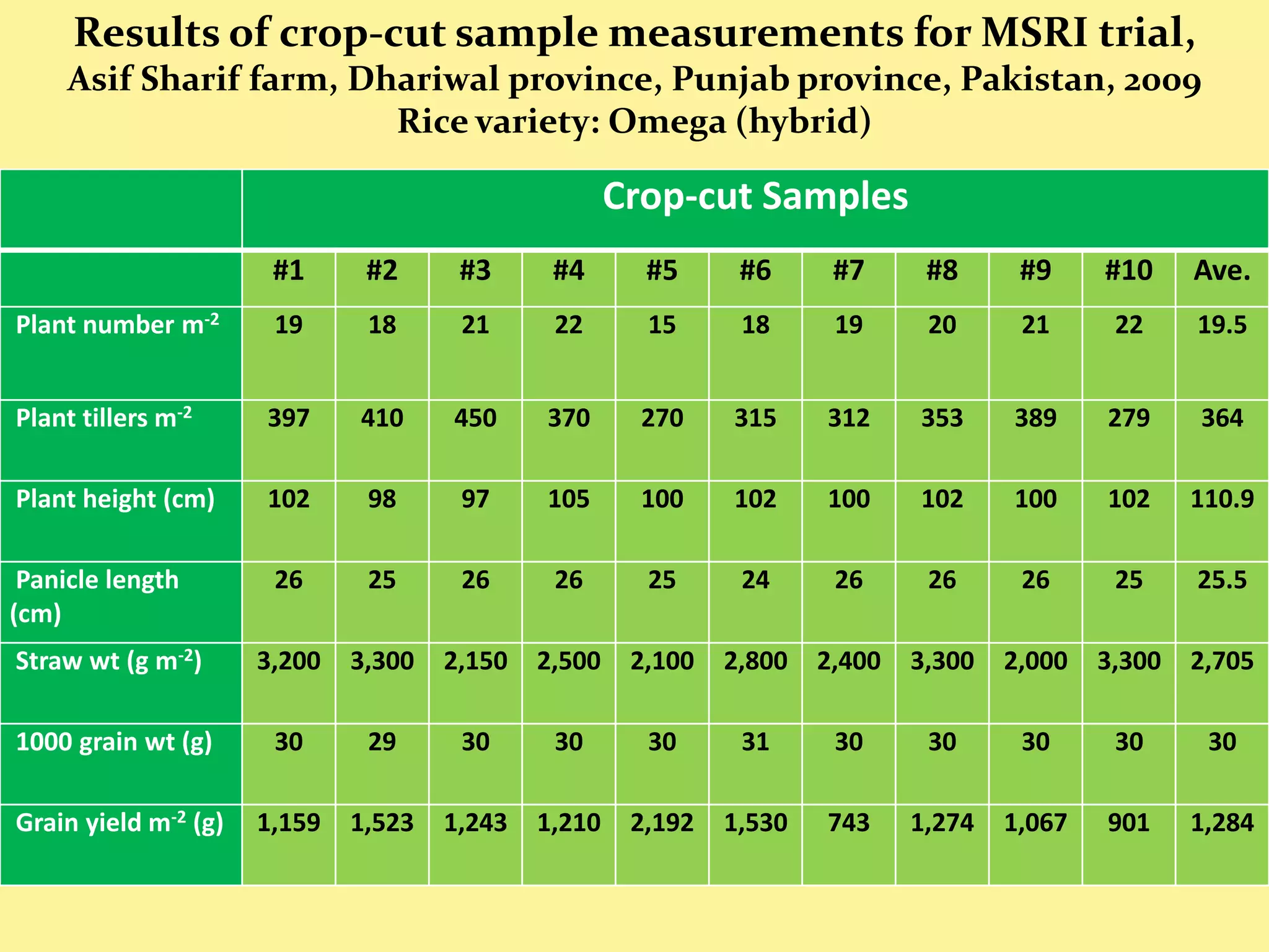 Results of crop-cut sample measurements for MSRI trial,
     Asif Sharif farm, Dhariwal province, Punjab province, Pakistan, 2009
                         Rice variety: Omega (hybrid)

                                                      Crop-cut Samples
                       #1      #2      #3      #4       #5      #6      #7      #8      #9     #10     Ave.
Plant number m-2       19      18      21      22       15      18      19      20      21      22     19.5


Plant tillers m-2     397     410     450     370       270    315     312     353     389     279     364

Plant height (cm)     102      98      97     105       100    102     100     102     100     102     110.9

 Panicle length        26      25      26      26       25      24      26      26      26      25     25.5
(cm)
Straw wt (g m-2)      3,200   3,300   2,150   2,500    2,100   2,800   2,400   3,300   2,000   3,300   2,705

1000 grain wt (g)      30      29      30      30       30      31      30      30      30      30      30

Grain yield m-2 (g)   1,159   1,523   1,243   1,210    2,192   1,530   743     1,274   1,067   901     1,284
 