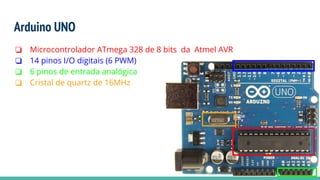 Arduino UNO
❏ Microcontrolador ATmega 328 de 8 bits da Atmel AVR
❏ 14 pinos I/O digitais (6 PWM)
❏ 6 pinos de entrada analógica
❏ Cristal de quartz de 16MHz
 