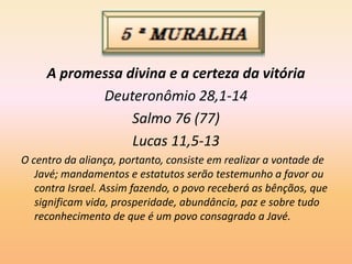 A promessa divina e a certeza da vitória
Deuteronômio 28,1-14
Salmo 76 (77)
Lucas 11,5-13
O centro da aliança, portanto, consiste em realizar a vontade de
Javé; mandamentos e estatutos serão testemunho a favor ou
contra Israel. Assim fazendo, o povo receberá as bênçãos, que
significam vida, prosperidade, abundância, paz e sobre tudo
reconhecimento de que é um povo consagrado a Javé.
 