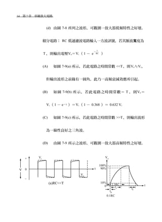 14　第 7 章　串級放大電路　
(d) 由圖 7-8 所列之波形，可觀測一放大器低頻特性之好壞。
積分電路： RC 低通濾波電路輸入一方波訊號，若其脈波 度為寬
T ，則輸出電壓Vo＝Vi（ 1 － e
t
RC
－
）
(A) 如圖 7-9(a) 所示，若此電路之時間常數 <<T，則Vo≒Vi，
但輸出波形之前緣有一圓角，此乃一高頻衰減效應所引起。
(B) 如圖 7-9(b) 所示，若此電路之時間常數＝ T ，則Vo ＝
Vi（ 1 － e－1 ）＝Vi（ 1 － 0.368 ）＝ 0.632 Vi
(C) 如圖 7-9(c) 所示，若此電路之時間常數 >>T，則輸出波形
為一線性良好之三角波。
(D) 由圖 7-9 所示之波形，可觀測一放大器高頻特性之好壞。
(a)RC<<T
 