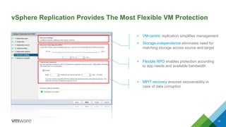 vSphere Replication Provides The Most Flexible VM Protection
25
• Flexible RPO enables protection according
to app needs and available bandwidth
• MPIT recovery ensures recoverability in
case of data corruption
• VM-centric replication simplifies management
• Storage-independence eliminates need for
matching storage across source and target
 