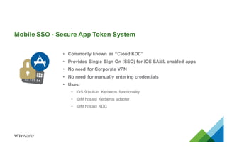 Mobile SSO - Secure App Token System
• Commonly known as “Cloud KDC”
• Provides Single Sign-On (SSO) for iOS SAML enabled apps
• No need for Corporate VPN
• No need for manually entering credentials
• Uses:
• iOS 9 built-in Kerberos functionality
• IDM hosted Kerberos adapter
• IDM hosted KDC
 