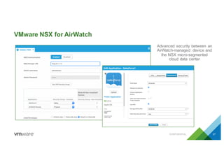 VMware NSX for AirWatch
CONFIDENTIAL 27
Advanced security between an
AirWatch-managed device and
the NSX micro-segmented
cloud data center
 