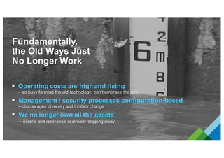 § Operating costs are high and rising
– so busy farming the old technology, can’t embrace the new
§ Management / security processes configuration-based
– discourages diversity and inhibits change
§ We no longer own all the assets
– control and relevance is already slipping away
Fundamentally,
the Old Ways Just
No Longer Work
 