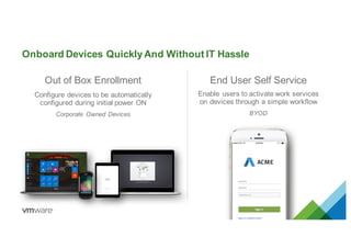 Onboard Devices Quickly And Without IT Hassle
Configure devices to be automatically
configured during initial power ON
Corporate Owned Devices
Out of Box Enrollment
Enable users to activate work services
on devices through a simple workflow
BYOD
End User Self Service
 