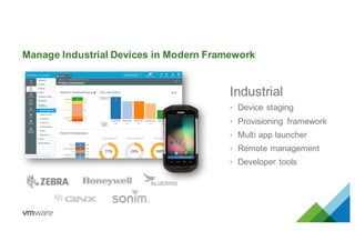 Manage Industrial Devices in Modern Framework
Industrial
• Device staging
• Provisioning framework
• Multi app launcher
• Remote management
• Developer tools
 