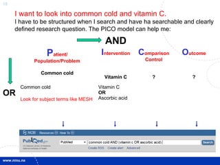10
Patient/
Population/Problem
Common cold
Intervention
Vitamin C
Comparison
Control
?
Outcome
?
Common cold
Look for subject terms like MESH
Vitamin C
OR
Ascorbic acid
I want to look into common cold and vitamin C.
I have to be structured when I search and have ha searchable and clearly
defined research question. The PICO model can help me:
AND
OR
 