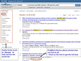 11
PubMed informs about articles that
are free to all.
- Click on the link to get the full text.
Useful limits such
as ‘Review’ to
help narrow the
result list
 