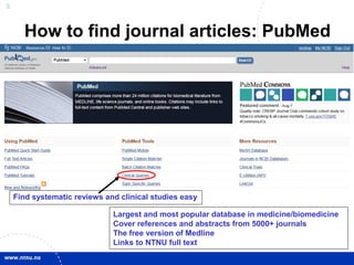 8
Largest and most popular database in medicine/biomedicine
Cover references and abstracts from 5000+ journals
The free version of Medline
Links to NTNU full text
Find systematic reviews and clinical studies easy
How to find journal articles: PubMed
 