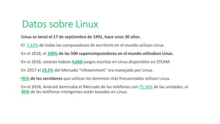 Datos sobre Linux
•Linux se lanzó el 17 de septiembre de 1991, hace unos 30 años.
•El 1.63% de todas las computadoras de escritorio en el mundo utilizan Linux.
•En el 2018, el 100% de las 500 supercomputadoras en el mundo utilizaban Linux.
•En el 2018, existían habían 4,060 juegos escritos en Linux disponibles en STEAM.
•En 2017 el 19.5% del Mercado “infotainment” era manejado por Linux.
•95% de los servidores que utilizan los dominios más frecuentados utilizan Linux.
•En el 2018, Android dominaba el Mercado de los teléfonos con 75.16% de las unidades, el
85% de los teléfonos inteligentes están basados en Linux.
 