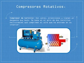 Compresores Rotativos.
Compresor de tornillo: Son caros, silenciosos y tienen un
desgaste muy bajo. Se basa en el giro de dos tornillos
helicoidales que comprimen el aire que ha entrado en su
interior.
 